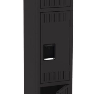 A tall, black metal locker with three compartments stacked vertically. The bottom door is slightly open, while the top two are closed. Each door has a small handle and a rectangular vent near the top. The locker is set against a white background.
