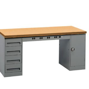 A workbench with a light brown wooden top and gray metal base. It features three drawers on the left, four sockets along the front, and a cabinet with a lock on the right.