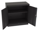 A black metal cabinet with two open doors revealing an empty interior. There is one adjustable shelf in the middle, creating two compartments. The cabinet is simple and utilitarian in design.