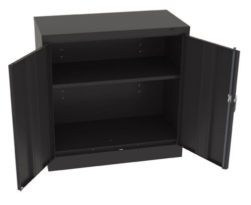 v2wgrhvxzl104047aj8m.jpg A black metal cabinet with two open doors revealing an empty interior. There is one adjustable shelf in the middle, creating two compartments. The cabinet is simple and utilitarian in design.