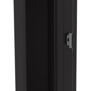 A black, tall storage locker with its door open, revealing an empty interior. A hanging rod is visible inside, and the locker has ventilation slits near the top.