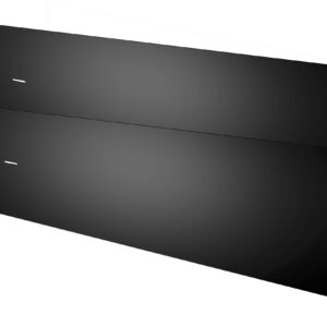 A digital rendering of two black, rectangular panels with cut-out notches and small holes on the sides, positioned parallel to each other with a slight offset, on a plain white background.