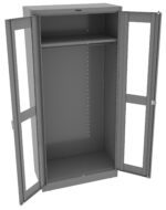 Open gray metal storage cabinet with two transparent doors and a single horizontal hanging rod. The cabinet interior has adjustable slots for shelving but no shelves are installed. The doors have handles and simple locking mechanisms.