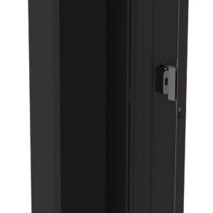 A tall, black metal locker stands with its door open, revealing an empty interior. The locker has a shelf and a hanging rod inside. The door has slits for ventilation and a lock mechanism on the right.