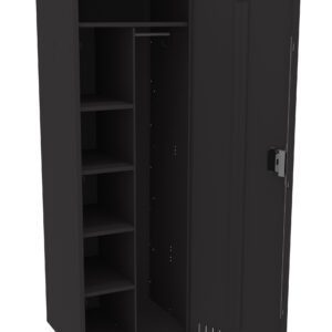 Open black metal storage cabinet with four shelves on the left and a hanging rod on the right. The right door is fully open, showing interior spaces, and features a key lock. The design is simple and industrial.