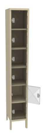 A tall, beige metal locker with six compartments. The fifth compartment from the bottom has its door open, revealing an empty interior. The locker stands on four short legs.