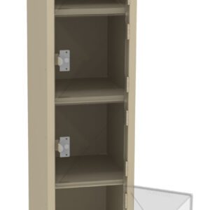 A tall, beige metal locker with six compartments. The fifth compartment from the bottom has its door open, revealing an empty interior. The locker stands on four short legs.
