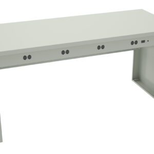 A minimalist, rectangular, light gray metal desk with a smooth surface and open sides. The desk features multiple round cable management holes on its front panel.