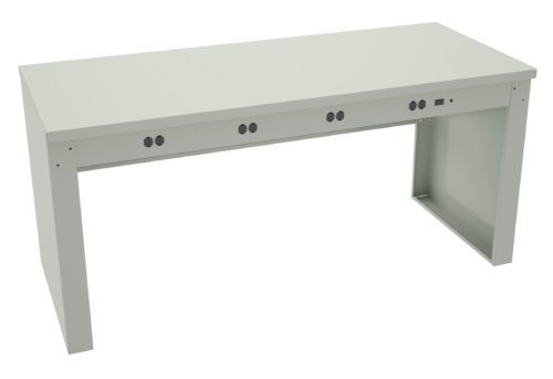 A minimalist, rectangular, light gray metal desk with a smooth surface and open sides. The desk features multiple round cable management holes on its front panel.