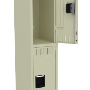 A beige metal locker with two compartments is shown. The top compartment door is open, revealing its empty interior, while the bottom compartment door is closed, featuring a handle and ventilation slits.