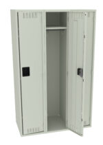 A light gray metal storage locker with three compartments. The rightmost door is open, revealing an empty interior with a shelf and a hanging rod. The other two doors are closed. The locker has ventilation slots and black handles.