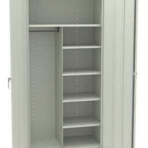 A light gray metal storage cabinet is open, showing its interior. On the left, theres a hanging rod and open space. On the right, there are multiple adjustable shelves. The cabinet has a plain, minimalist design.