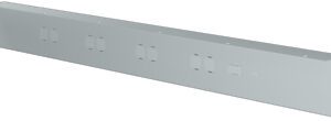 A long, rectangular metal panel with multiple cutouts evenly spaced along its length, designed for mounting or housing electrical components. The panel is grey and features flat surfaces and sharp edges.