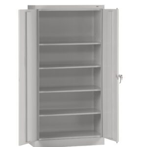 A tall, gray metal storage cabinet with two open doors, revealing five evenly spaced shelves. The cabinet has a lock on the right door. The interior is empty, and the surface is smooth and matte.