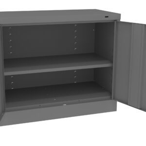 Gray metal storage cabinet with two doors open, revealing an empty interior with two adjustable shelves. The cabinet has a simple, industrial design with a flat top and hinge mechanisms visible on the doors.
