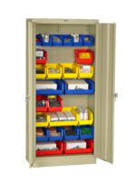 A beige storage cabinet with open doors, revealing various colored bins organized on its shelves. The bins contain assorted hardware items like screws, nuts, and bolts. Bins are red, blue, and yellow, neatly arranged on five shelves.