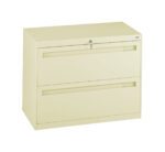 A beige, two-drawer filing cabinet with a flat top. The cabinet features a keyhole lock on the upper drawer and sleek, integrated handles on both drawers. The surface is smooth and clean, with no visible labels or markings.