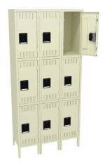 A beige metal storage unit with nine lockers arranged in a 3x3 grid. The top right locker door is open, revealing an empty interior. Each locker has a black rectangular handle and ventilation slits.