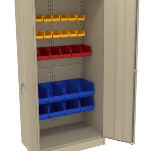Open beige storage cabinet with three shelves of colorful bins: five yellow bins on the top, five red bins in the middle, and five blue bins on the bottom. The cabinet doors are open.
