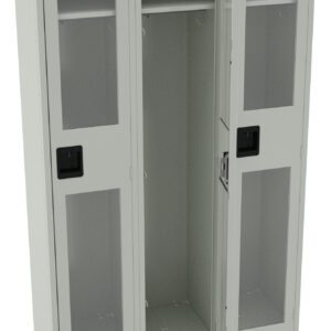 A gray metal locker with three compartments, each featuring a clear glass door. The rightmost door is ajar, showing an empty interior with a shelf and a hanging hook. Sturdy black handles adorn each door.