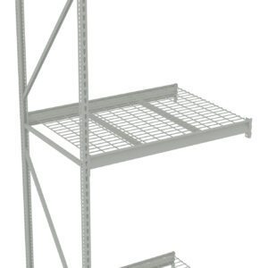 A gray metal shelving unit with three wire rack shelves, supported by vertical beams connected with diagonal braces. The unit is empty and designed for storage or industrial use.