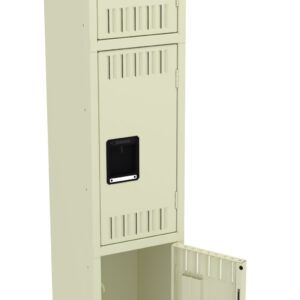 A beige, double-tier metal locker with vertical vents. The bottom door is open, and the top door is closed. Each compartment has a black rectangular handle. The locker stands on four legs.