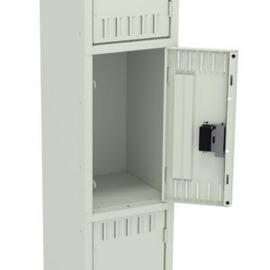 A tall, white metal locker with three compartments, each with a black handle. The middle compartments door is open, showcasing an empty interior. The locker stands on four small legs.
