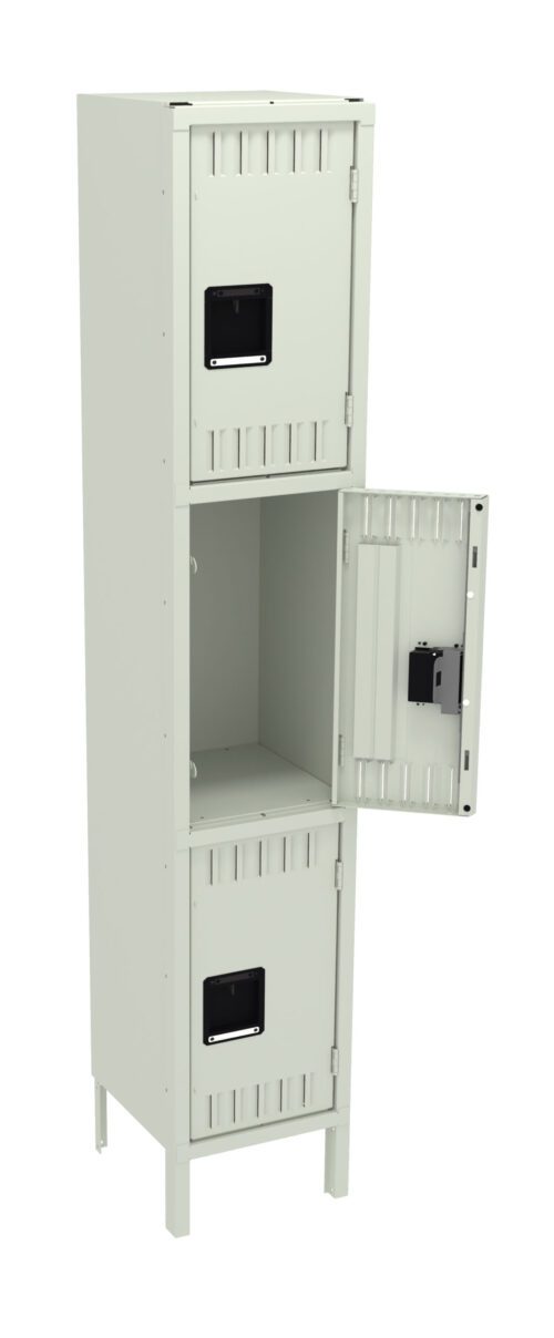 vhb0wjgfx4fdxueq3j30.jpg A tall, white metal locker with three compartments, each with a black handle. The middle compartments door is open, showcasing an empty interior. The locker stands on four small legs.