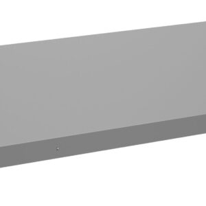 A rectangular metal shelf with a simple, flat design. It has a smooth, light gray surface and thin edges, suitable for mounting or installation in a storage or display setting.