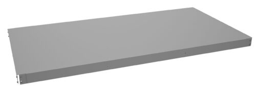 A rectangular metal shelf with a simple, flat design. It has a smooth, light gray surface and thin edges, suitable for mounting or installation in a storage or display setting.