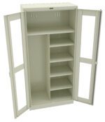 Metal storage cabinet with open double doors revealing multiple shelves on the right side and a large open space on the left. The cabinet is light gray and has a simple, functional design.