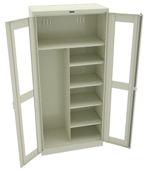 Metal storage cabinet with open double doors revealing multiple shelves on the right side and a large open space on the left. The cabinet is light gray and has a simple, functional design.