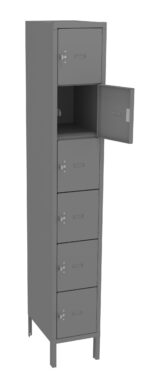 A tall, gray metal locker with five storage compartments. The locker stands on four legs, and one of the compartments near the top is open, showing an empty interior. Each compartment has a handle and a label holder.