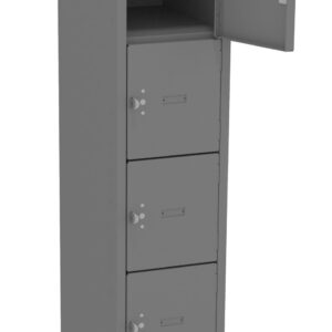 A tall, gray metal locker with five storage compartments. The locker stands on four legs, and one of the compartments near the top is open, showing an empty interior. Each compartment has a handle and a label holder.