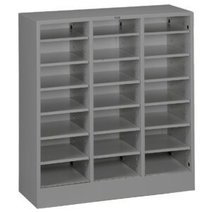 A gray, multi-compartment metal storage cabinet with three columns and four rows of open shelves, designed for organizing items.