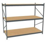 A metal shelving unit with three wooden shelves and a gray steel frame, suitable for heavy-duty storage and organizing items in a garage or warehouse setting, displayed against a white background.