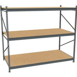 A metal shelving unit with three wooden shelves and a gray steel frame, suitable for heavy-duty storage and organizing items in a garage or warehouse setting, displayed against a white background.