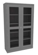 A gray metal storage cabinet with two glass-front doors, each featuring two handles. Inside, there are multiple adjustable shelves. The cabinet is empty and has a simple, modern design.