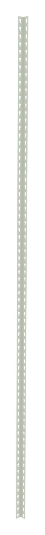 A vertical metal post with evenly spaced holes running along its edges. The post is thin and tall, with a light gray color, set against a plain white background.