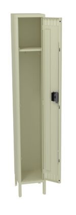 An open, light beige metal locker with one main compartment, an upper shelf, and a black locking mechanism on the door. The locker stands on four legs, and the inside is empty.