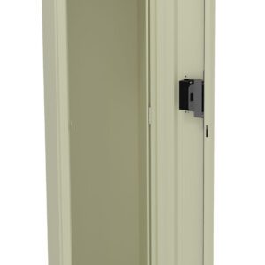 An open, light beige metal locker with one main compartment, an upper shelf, and a black locking mechanism on the door. The locker stands on four legs, and the inside is empty.