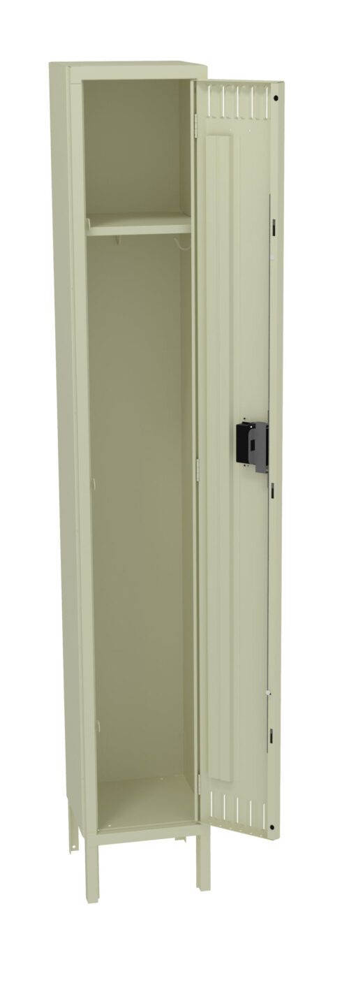An open, light beige metal locker with one main compartment, an upper shelf, and a black locking mechanism on the door. The locker stands on four legs, and the inside is empty.