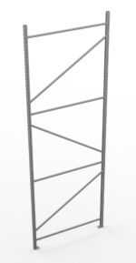 A metal rack frame featuring vertical supports with evenly spaced holes and diagonal cross-bracing for stability. The structure stands on a flat surface against a white background.