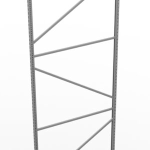 A metal rack frame featuring vertical supports with evenly spaced holes and diagonal cross-bracing for stability. The structure stands on a flat surface against a white background.