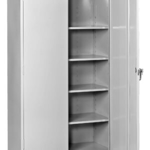 A tall, open metal storage cabinet with a gray finish, featuring five adjustable shelves and a door on the right side, equipped with a handle and lock mechanism. The interior is empty, highlighting the spacious shelving.