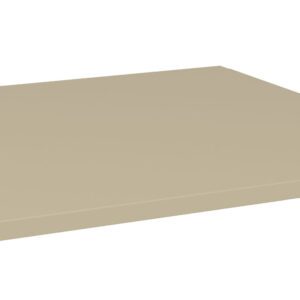 A single beige metal shelf, flat and rectangular, viewed from a slight angle. It has a smooth surface with visible edges, and small round holes are present on the side panels for mounting or adjusting.