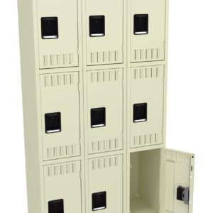 A beige metal locker unit with nine compartments arranged in a 3x3 grid. Each locker has a black handle. The bottom right locker door is open, revealing an empty interior.