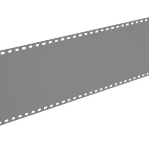 A long strip of blank gray film perforated with holes along both edges, positioned diagonally against a white background.