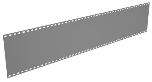 vpwwezpbbrstkaxljqsh.jpg A long strip of blank gray film perforated with holes along both edges, positioned diagonally against a white background.