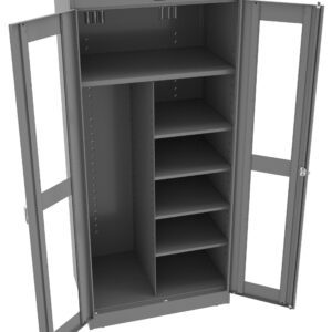 A gray metal storage cabinet with open double doors. The interior has multiple shelves on the right side and two tall compartments on the left. The cabinet is empty and has a simple, industrial design.
